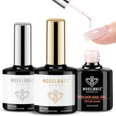 Imagem de modelones Top Coat com gel de unhas Builder, kit de unhas de construção de cor rosa nude para extensão de engrossamento de edifícios Apex, lâmpada de LED curada com base de brilho acabamento top coat