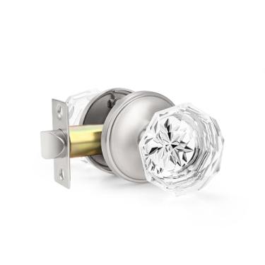 Imagem de Maçaneta de porta de vidro Orger para corredor e armário, maçaneta de porta de cristal com formato de diamante redondo, maçaneta interna sem trava, roseta redonda com acabamento de níquel acetinado