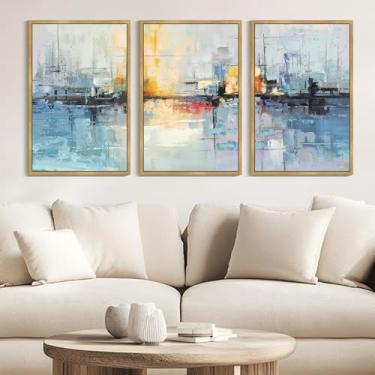 Imagem de KUVIOKE Tela emoldurada azul marinho abstrata arte de parede em forma de grafite pastel decoração de parede pintura moderna minimalista para quarto sala de jantar 61 x 91 cm (moldura natural)