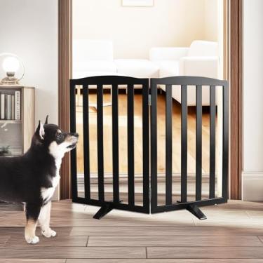 Imagem de SFJC Portão interno independente para cães, portões dobráveis para cães, escadas ou corredores, portão preto de madeira para animais de estimação para casa, cerca para animais de estimação com pés de