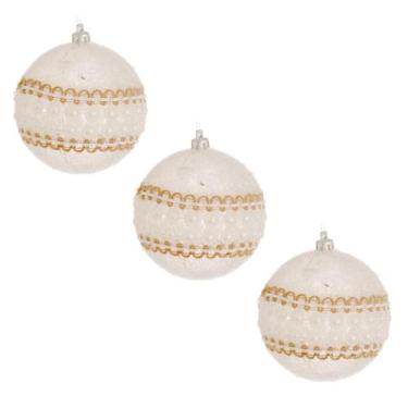 Imagem de Kit 3 Bolas Natal 8cm Brancas Cravejada Bordado Dourado Luxo - BELA FL