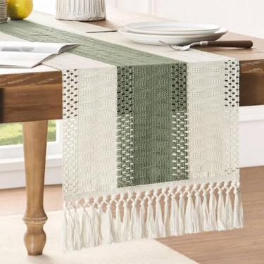 Imagem de Corredor de mesa ZeeMart Macrame Style bicolor 36x229cm verde/marfim