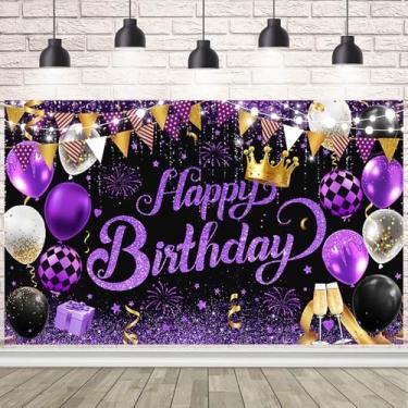Imagem de Faixa de feliz aniversário, roxo, artigos de decoração de aniversário, balões e coroa, pano de fundo de lantejoulas com glitter, placa de fundo fotográfica para mulheres e meninas, decoração de festa