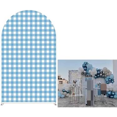 Imagem de KONPON Capa de fundo de arco xadrez azul e branco para decoração de festa de chá de bebê (apenas capa)