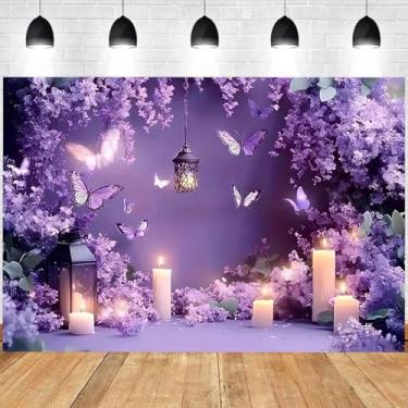 Imagem de Pano de fundo roxo romântico com glitter borboleta roxa flor lavanda fotografia de fundo de parede para festa de aniversário, decoração de festa de fada, adereços de estúdio de cabine de fotos de