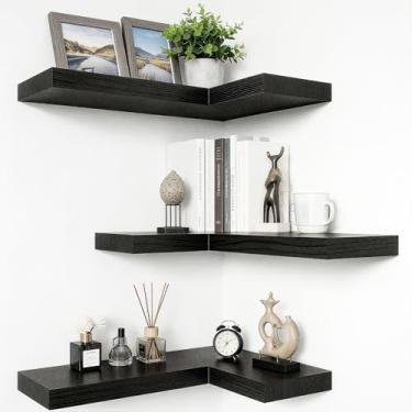 Imagem de PLMMOUT Conjunto de 3 prateleiras flutuantes de canto, prateleiras de canto montadas na parede para plantas pequenas, prateleira de exibição em forma de L, prateleira de armazenamento de madeira