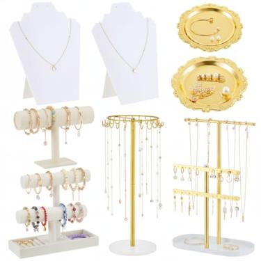 Imagem de Leinuosen 8 conjuntos de exibição de joias, expositor de joias para venda de colar de veludo branco, pulseira, suporte de colar de metal dourado, suporte de brinco em forma de T, bandeja redonda