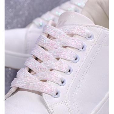 Imagem de 2 pares de cadarços metálicos brilhantes com glitter, cadarços de lantejoulas coloridas para tênis planos, sapatos de skate e botas esportivas, Branco, 140 cm