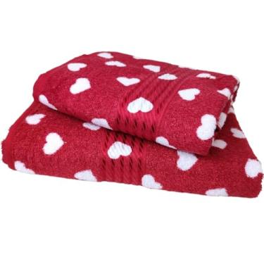 Imagem de Jogo Toalha de Banho e Rosto Felpuda 2 Peças - Algodão com Detalhes em Viscose e Alta Absorção (Love Vermelho)