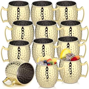 Imagem de Hoolerry Moscow Mule Canecas a granel ouro inoxidável Moscou cobre chapeado copos com alça 340.2 g copo de acabamento martelado para bebidas geladas, café, vinho, coquetel, casamento, presente de
