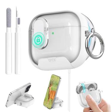 Imagem de Aircawin Capa transparente para Airpods 4, trava segura para AirPods 4ª geração, com suporte para telefone e função Magsafe, pop-up automático, design de proteção híbrida com mosquetão e caneta de
