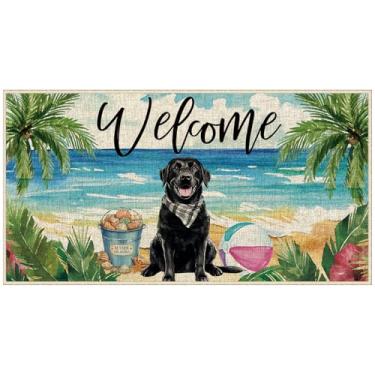 Imagem de Dlzdn Tapete de verão preto labrador para feriado, verão, praia, litoral, bem-vindo, antiderrapante, tapetes de entrada com fundo de borracha para entrada interna e externa, piso 40,6 x 76 cm