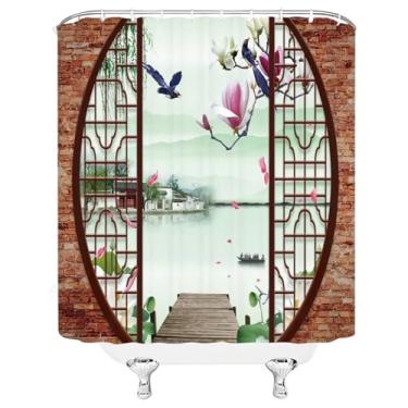 Imagem de Cortinas de banho à prova d'água de flores e pássaros chineses, cortinas de chuveiro 3D, cortina de banheiro impermeável de tecido de poliéster 180 x 248 cm/LxA, cortinas de chuveiro de banheiro