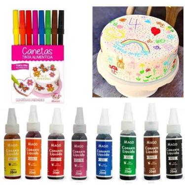 Imagem de Kit 8 Canetas Tinta Alimentícia + 8 Corantes De 20 Ml Mago