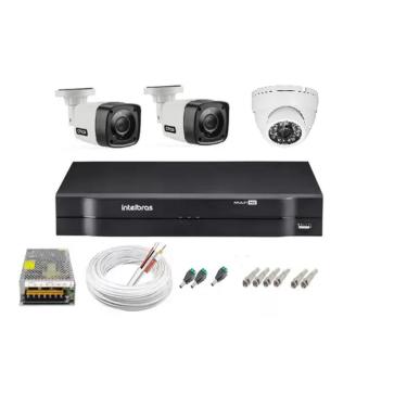 Imagem de Kit cftv 3 cameras de segurança hd 1 internas dome e 2 externas bullet + dvr 4ch Intelbras full hd