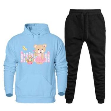 Imagem de Conjunto Abrigo Moletom Canguru Com Capuz Feminino Plus Size Estampa Ursinho Calça Confortavel-Feminino