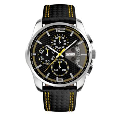 Imagem de MASTOP Relógios masculinos clássicos analógicos de quartzo com pulseira de couro preto com cronógrafo, à prova d'água, relógio de pulso esportivo, Amarelo, Moderno, moderno, moderno