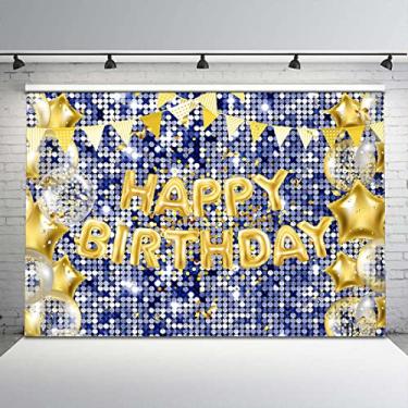 Imagem de Avezano Feliz Aniversário Fundo de Brilho Metálico Dourado e Azul Marinho Quadrado Lantejoulas Parede Pano de Fundo para Decorações de Festa de Aniversário Banner de Mesa de Bolo Suprimentos
