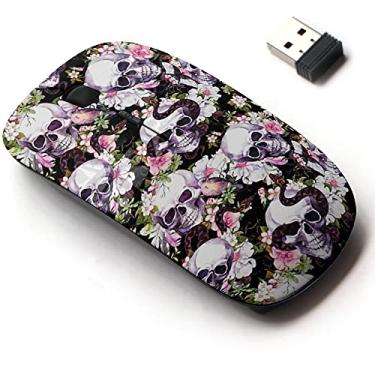 Imagem de Mouse sem fio 2.4G com design de padrão bonito para todos os laptops e desktops com nano receptor - caveiras humanas flores borboletas pássaros