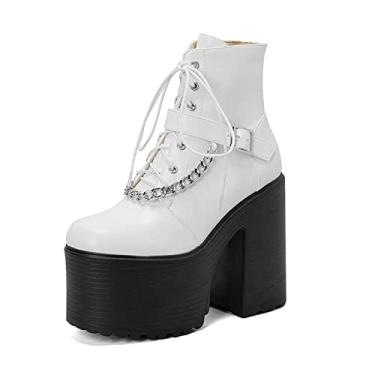 Imagem de Botas femininas plataforma no tornozelo bloco robusto gótico salto alto com cadarço botas de combate de motocicleta punk com corrente,White,4 UK/37 EU