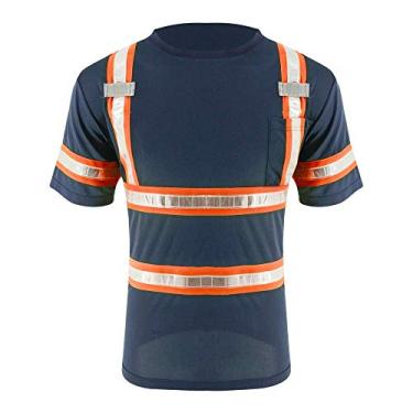 Imagem de SMASYS Camisas refletivas - Camisetas de manga curta de alta visibilidade ANSI com bolsos e fita refletiva para homens, mulheres, Laranja - azul-marinho, M
