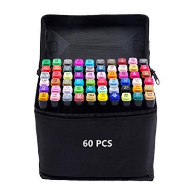 Imagem de Conjunto de canetas marcadoras de tecido de 60 cores, marcadores de ponta dupla permanentes com bolsa de transporte com zíper, ideal para crianças e adultos, desenho, esboço, destaque e forro