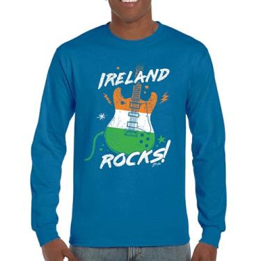 Imagem de Camiseta de manga comprida com bandeira de guitarra Ireland Rocks Dia de São Patrício Shamrock Groove Vibe Pub Celtic Rock and Roll cravo, Azul, 3G