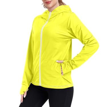 Imagem de JUNZAN Camisetas femininas com capuz de proteção solar bronzeado FPS 50+ proteção UV para mulheres com capuz e caminhada e corrida, Amarelo, P