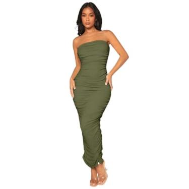 Imagem de Camisa Feminina Solid Ruched Tube Bodycon Dress (Color : Army Green, Size : M)