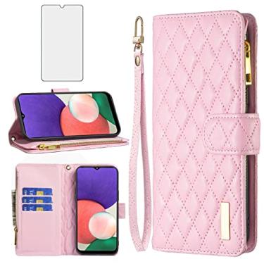Imagem de Asuwish Capa para celular Samsung Galaxy A22 5G/Boost Mobile Celero 5G com protetor de tela de vidro temperado e suporte flip para cartão de crédito Celero5G A 22 22A A22s G5 mulheres meninas rosa