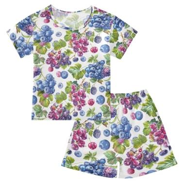 Imagem de CHIFIGNO Conjunto de camiseta e short de manga curta para meninos e meninas, 2 peças, conjunto de roupas de verão fofas de verão, Frutas frescas e folhas verdes, 8 Anos