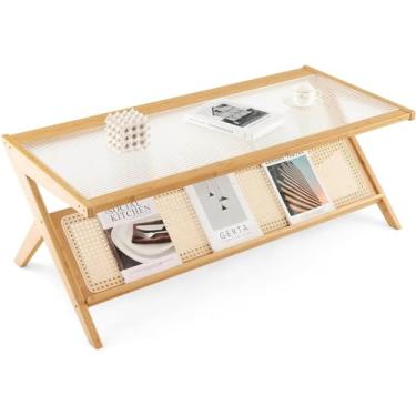 Imagem de Mesa de centro de vime em forma de Z, mesa central de bambu, rack de vime tecido à mão e mesa de vidro temperado, mesa de destaque para sala de estar, quarto