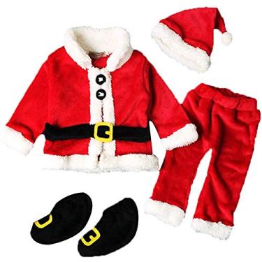 Imagem de wybzd Conjunto de calça de Natal para bebês meninos e meninas fantasia de Papai Noel fofo para cosplay roupas de natal, Um casaco de Papai Noel, calça, chapéu, 4 peças, 6-9 Meses