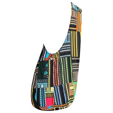 Imagem de RaanPahMuang Bolsa de ombro simples de algodão tailandês Yaam Monks, Patch Dashiki, Medium - Long Strap