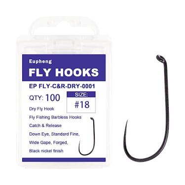 Imagem de Eupheng Ganchos de pesca com mosca, pacote com 100 peças, anzóis de pesca sem barbless catch & release dry wet ninfa camarão e pupa, serpentina, caddis, jig, Scud moscas anzóis de pesca (#18, EP Fly-C&R-DRY-0001)