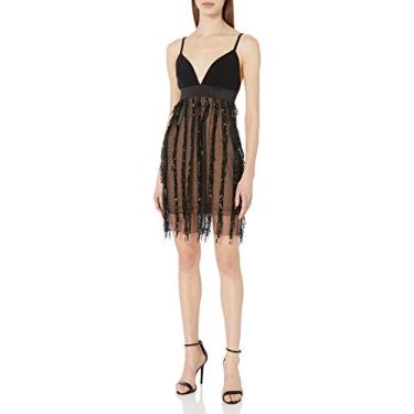 Imagem de COSMOPOLITAN x Dress the Population Mini vestido feminino Rihanna sem mangas com franjas, Preto, P