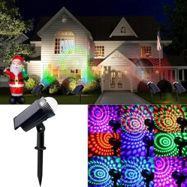 Imagem de DANGGEOI Projetor de luzes solares de Natal, holofote externo IP65 à prova d'água, LED colorido 9 modos paisagem holofote lâmpada de parede com ligar/desligar automático para decoração de Natal,