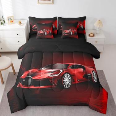 Imagem de Feelyou Conjunto de cama de 7 peças, carro de corrida vermelho, para crianças, meninos, meninas, tema de esportes radicais, cama em uma bolsa, velocidade fria, decoração de carro de luxo com 1 fronha,