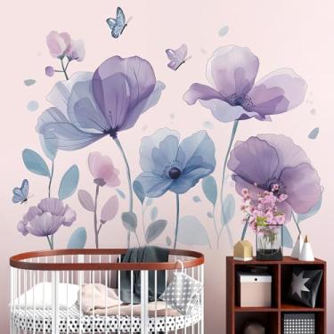 Imagem de RAINBOW WSK Decalques de parede de flor azul roxo grande papoula borboleta adesivos de parede buquê removível decoração de parede floral para quarto de meninas quarto sala de estar MG-C006