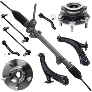 Imagem de Kit de suspensão dianteira de 9 peças, cremalheira e pinhão, adequado para Nissan Rogue 2008-2013 2009 2010 2011 2012, cremalheira de direção e pinhão, rolamentos de roda, braços de controle inferiore