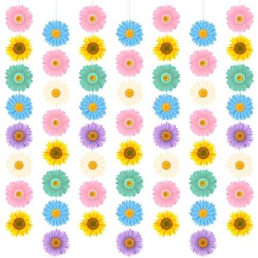 Imagem de VitalCozy Pacote com 24 faixas de flores de sol de primavera kit guirlanda de girassol flores coloridas redemoinhos pendurados de margaridas de primavera suprimentos de festa recortes de papel de