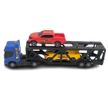 Imagem de Caminhão Transportador de Carros de Brinquedo, Carreta Cegonha com 3 Carros Esportivos, Azul e Preto