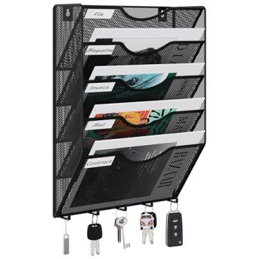 Imagem de EasyPAG Organizador de arquivos de parede de tela com 5 bolsos com ganchos para chave, suporte de pasta de papel para pendurar com etiqueta de classificação, organizador vertical de parede para
