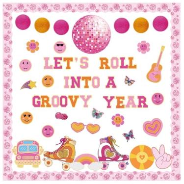 Imagem de Mooliwe Kit de decoração de quadro de avisos retrô descolado, discoteca, hippie, conjunto de decoração de sala de aula, borboleta, arco-íris, patins, ônibus escolar, guitarra, colorido, acabamento de