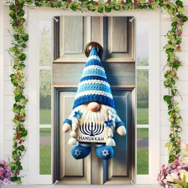 Imagem de BlissYard Faixa de porta de gnomo de Hanukkah, 89 x 189 cm, decoração de férias azul e branca com chapéu de menorá, estrelas e tranças para exibição de porta de boas-vindas ao lar, formatura, outono
