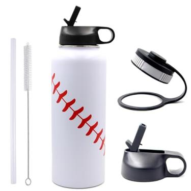 Imagem de Garrafa de água de beisebol de 1,18 ml, Garrafa Térmica, Copo de Metal para Viagem com 2 Tampas de Aço Inoxidável 188 Isolada a Vácuo (1,13 g, Bola de Beisebol Branca)