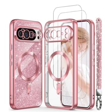 Imagem de DagoRoo Capa magnética para Google Pixel 10 Pro XL + 2 películas protetoras de tela, borda dourada banhada de luxo [cartão de glitter e alça de pulso] Capa fina e macia de TPU (poliuretano