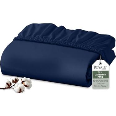 Imagem de Royale Linens Lençol com elástico 100% algodão orgânico – tecido percal – lençol de baixo com bolso profundo super macio – lençol King com elástico azul marinho – somente lençol com elástico
