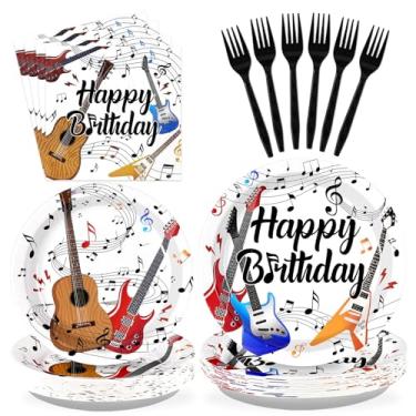Imagem de Grencian 96 peças de artigos de festa de aniversário para guitarra, notas musicais, pratos de aniversário, tema musical, decorações de festa, guardanapos, conjunto de utensílios de mesa de guitarra