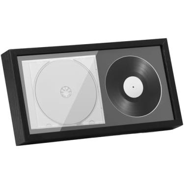 Imagem de DJAPWPX Moldura de exibição de CD de madeira com gancho de suporte, elegante moldura de CD com ranhura dupla, disco protetor resistente e caixa de CD para estúdio de música, sala de estar